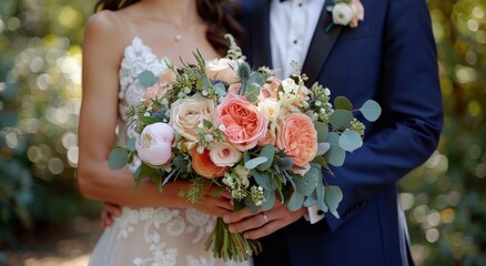 Bride and Groom Holding Wedding Bouquet Outdoors
