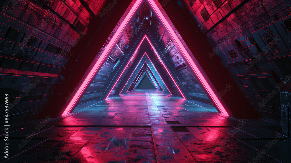 Poster a neon colored tunnel with a red triangle in the middle