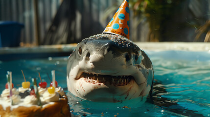 A shark wearing a party hat at a poolside birthday celebration, featuring a cake and festive decorations, creating a fun and quirky scene.