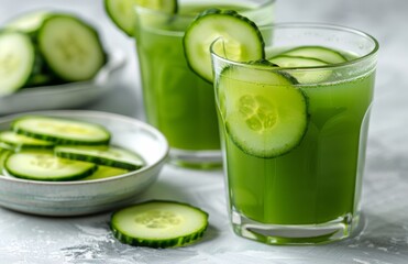 Two Glasses of Cucumber Mint Smoothie With Cucumber Garnish