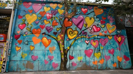 Naklejka premium Street art graffiti wall, showcasing vibrant hearts, diverse shapes, and a love-themed palette, a captivating backdrop