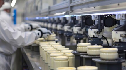 Obraz premium State-of-the-art factory with robots efficiently making Tzatziki sauce, showcasing modern technology and hygiene, inspired by Mediterranean flavors