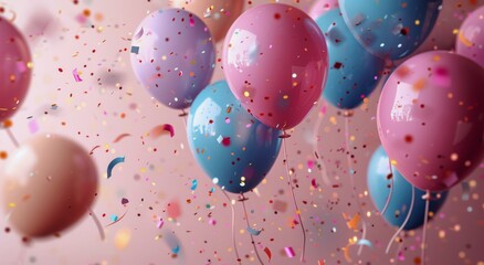 Birthday Celebration With Balloons, Gifts, and Confetti on Blue Background
