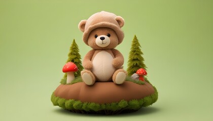 Fototapeta premium A cute brown teddy bear wearing a mushroom hat sitting on a grassy mound with pine trees in the background