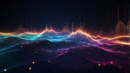 Abstract background with colorful glowing digital wave lines and dots. Neon sound waves or big data flow 