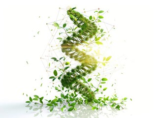 Green double helix and growing leaves. DNA, RNA and genetic engineering concept. 3D rendering.
