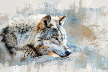 A wolf is laying down on the snow