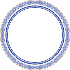 Kazakh Asian ornaments and patterns shaped like a circle. Blue and gold.  Patterned corners for design of ceramics, leaflets, banner, backgrounds, borders, postcards.