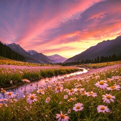 A beautiful field of daisies in the foreground, with mountains and sunset in background. Created with Ai Landscape of blooming field of daisies on mountains background at sunset
