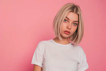 portrait of a woman with brown hair on pink background generative ai