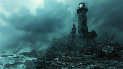 Old Lighthouse on Rocky Shore in Foggy Weather