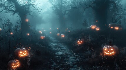 Naklejka premium Enchanting Halloween Pathway with Glowing Jack-o'-Lanterns in Misty Forest