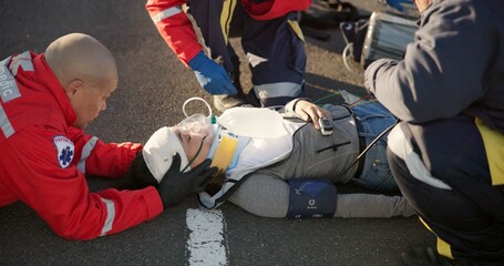 Paramedic, oxygen and outdoor with patient, healthcare and rescue of breathing, service or...