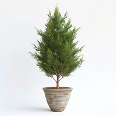 A lush green cedar tree planted in a stylish, rustic clay pot against a plain white background. An example of indoor gardening and modern, minimalist interior decoration.