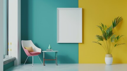 A modern, minimalist office room with a colorful design. Features a yellow and teal split wall, a white framed blank canvas, a pink chair, a side table with decor items,