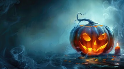 Glowing Jack-o'-Lantern in misty, eerie environment