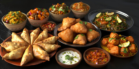   A platter of assorted Indian street food including samosas, pakoras, and chaat, served with chutneys and sauces on dark background 
 