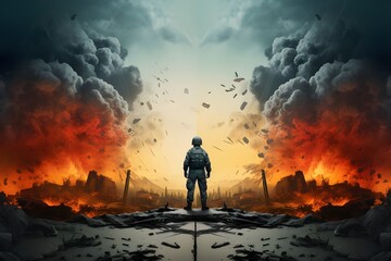 Obraz premium war, battlefield, soldiers,army, and destruction, conflict makes the world worse and destroyed