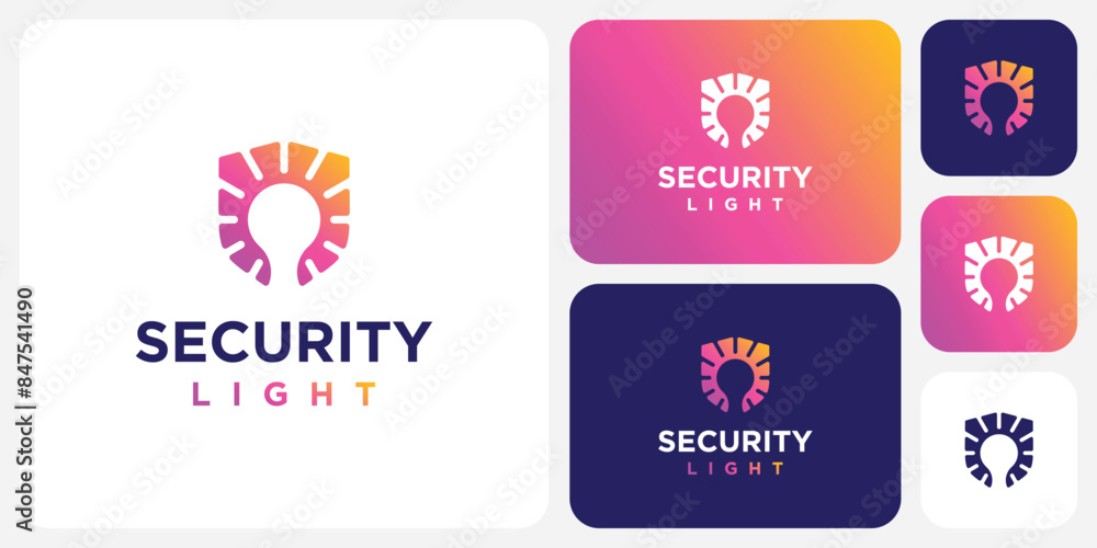 Poster vector logo design of lamp emitting light shield shape with modern, simple, clean and abstract style