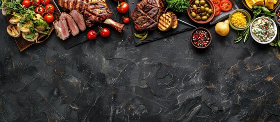 Variety of BBQ and picnic essentials displayed on a dark stone banner background. Includes grilled meats, veggies, fruits, salads, and potatoes. Top-down perspective with space for text.