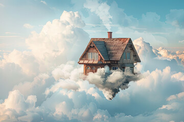 House floating on clouds in a surreal dreamlike scene