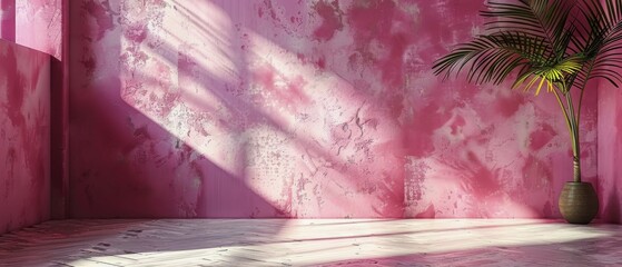 Pink Wall With Palm Tree in Pot and Sunbeams in Empty Room