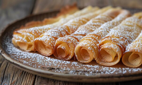 a traditional Norwegian Krumkake, delicately rolled and dusted with sugar, on a rustic plate