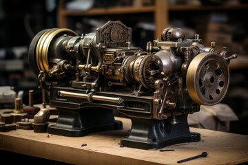 Fototapeta premium Close-up shot of vintage 1980s lathe machine tool in industrial workshop setting