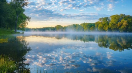 Obraz premium Serene landscape at dawn with a calm lake, morning mist hanging ethereally over the water, creating a peaceful scene