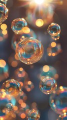 Closeup of iridescent soap bubbles floating in the air, illuminated by warm sunlight.