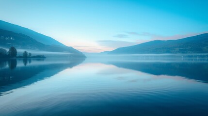 Obraz premium Serene landscape at dawn with a calm lake, morning mist hanging ethereally over the water, creating a peaceful scene