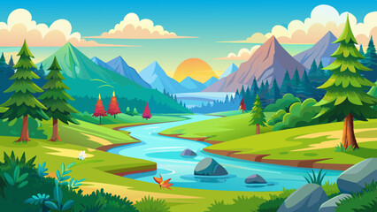 beautiful summer landscape small river green mea vector illustration