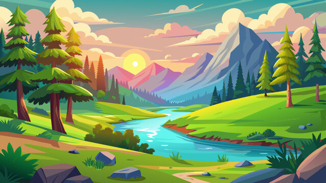 beautiful summer landscape small river green mea vector illustration