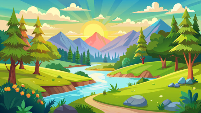 beautiful summer landscape small river green mea vector illustration