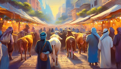 Muslim people at the animal market to buy goats, sheep or cow for Eid al-Adha. generative ai