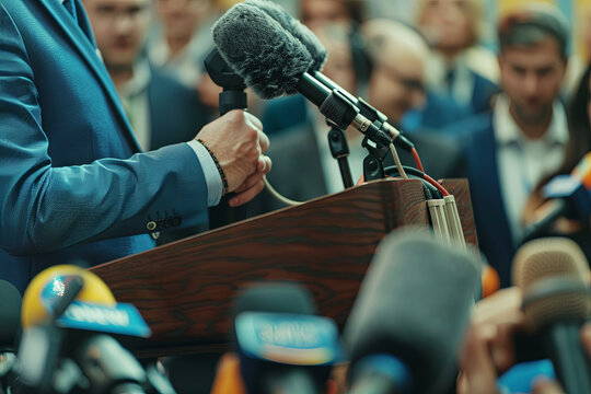 Spokesperson at a podium with news media microphones, broadcasting breaking news