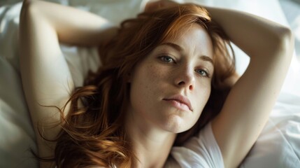 Fototapeta premium Caucasian young woman waking up in the morning