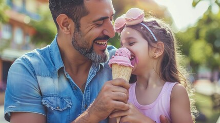 Father and daughter sharing and eating ice cream cones together, enjoying a sunny day outdoors, both happy and smiling brightly