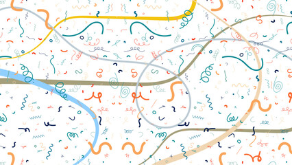 Fun colorful line doodle seamless pattern. Creative minimalist style art background for children or trendy design with basic confetti shapes. Simple childish.