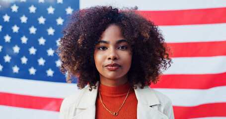 Black woman, portrait and american flag for support, pride and heritage in background. Vote USA,...