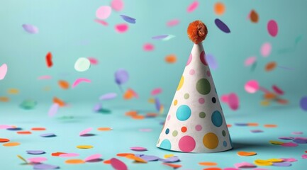 Obraz premium Colorful Party Hat With Confetti on Blue Background
