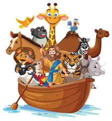Obraz premium Man and animals together on a wooden boat