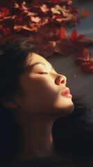 女, 女性, アジア人, 日本人, 睡眠, 眠る女性, 落ち葉, 秋, 枯れ葉, woman, Female, Asian, Japanese, Sleeping, Sleeping Woman, Falling Leaves, Autumn, Dead Leaves
