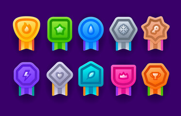 Game achievement medal badge, level rank. Vector set of colorful trophy icons, asset ribbons in vibrant colors with symbols for recognizing accomplishments in gaming and enhancing user experience