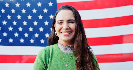 Patriotism, portrait and smile with woman on USA flag for democracy, freedom or home of brave....