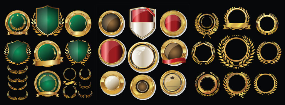 Luxury emblems and elements in vector. Vector medieval gold and green shields laurel wreaths and badges collection. 