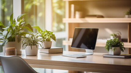 	
Working space in the office. Laptop on the table, green plant and booking shelf on the background