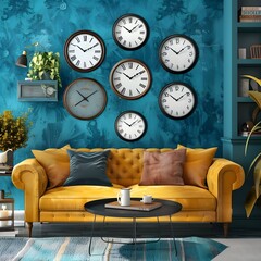 Luxury wall clock on the wall blue and yellow  luxury interior design generative ai