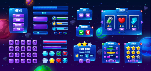 Galaxy space game interface, button and panel, loading bars asset. Vector menu, play, shop, options and exit buttons, progress bars, stars, hearts, coins. Ui elements on starry background with planets © Buch&Bee