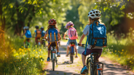 Fototapeta premium Children with rucksacks riding on bikes in the park near school